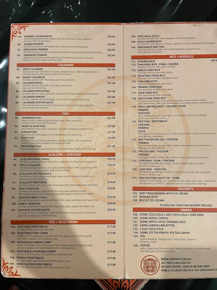 Menu, Lion Thai