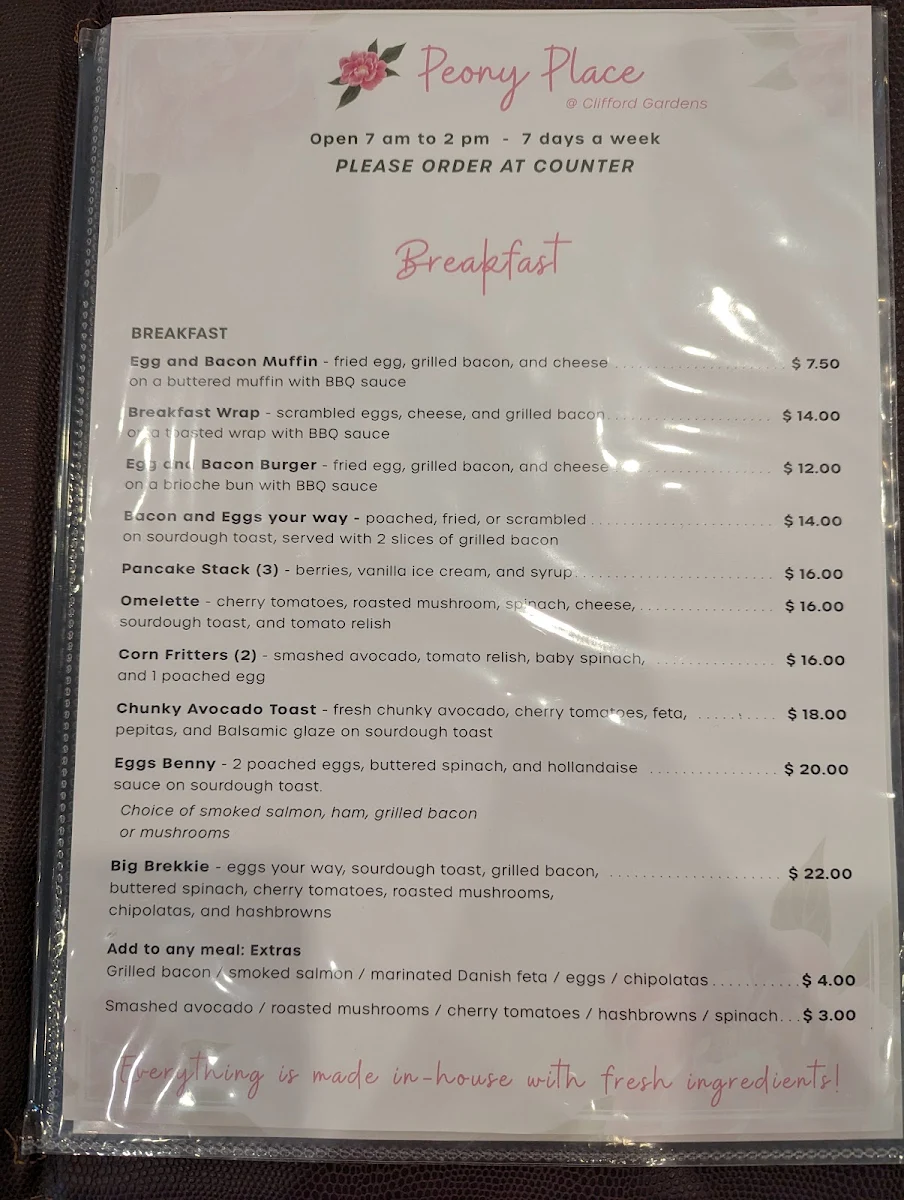 Menu, Peony Place