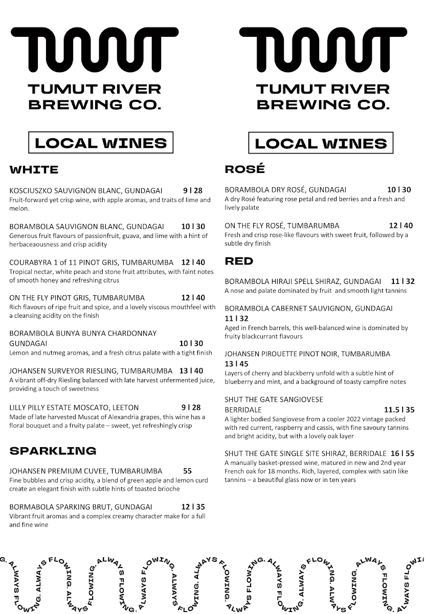 Menu, Tumut River Brewing Co