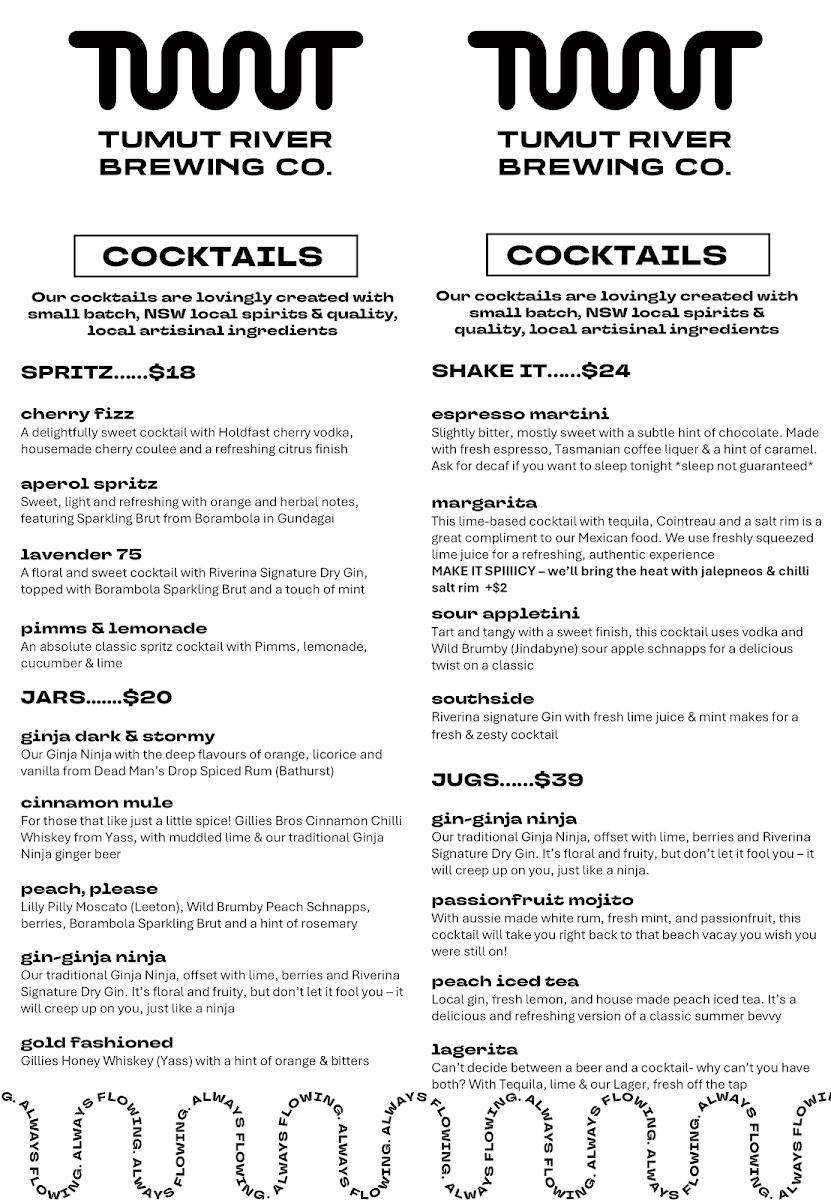 Menu, Tumut River Brewing Co