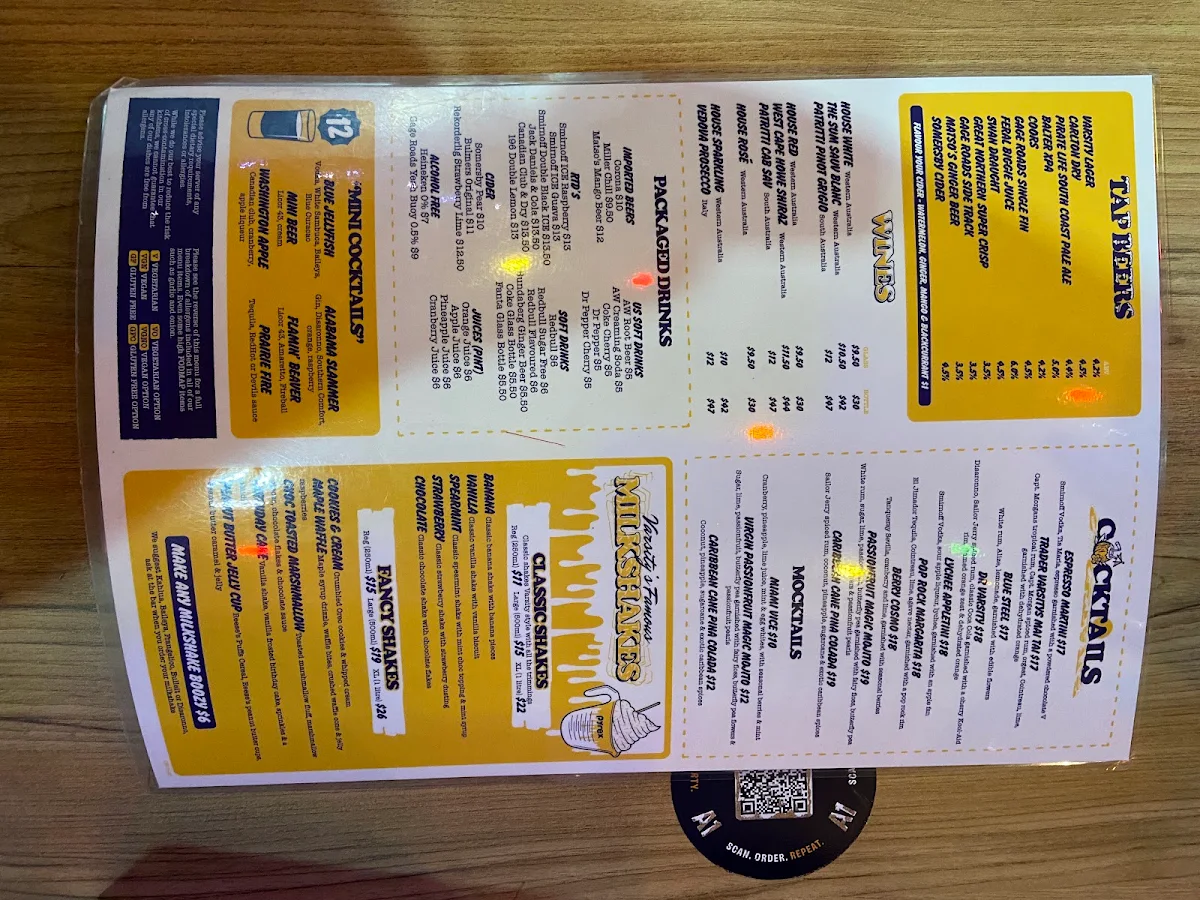 Menu, Varsity Nedlands