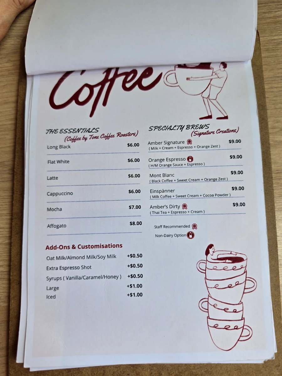 Menu, Amber Melbourne Cafe