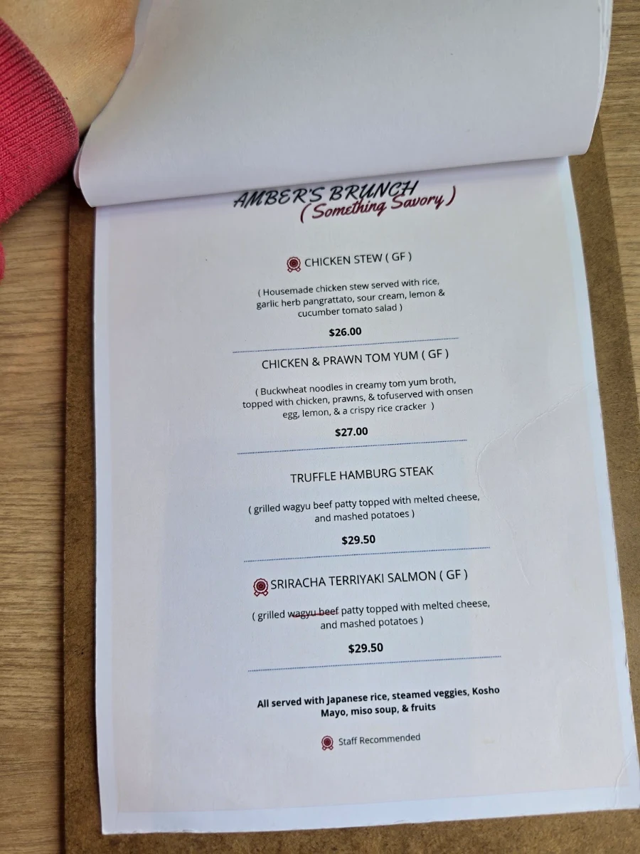 Menu, Amber Melbourne Cafe