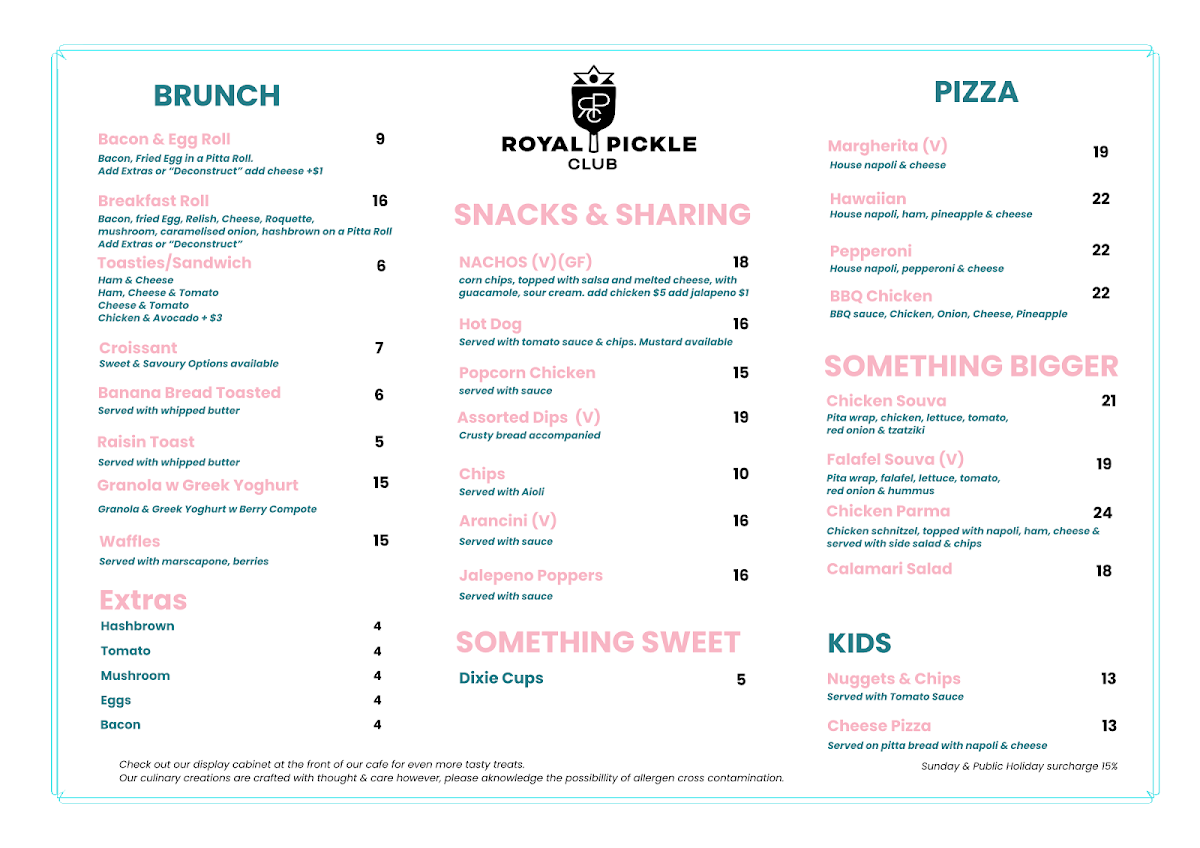 Menu, Royal Pickle Club Carrum Downs