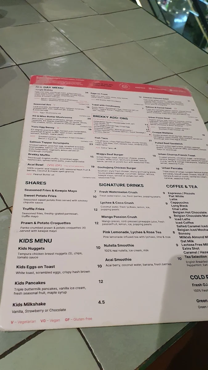 Menu, Urban Jungle Cafe