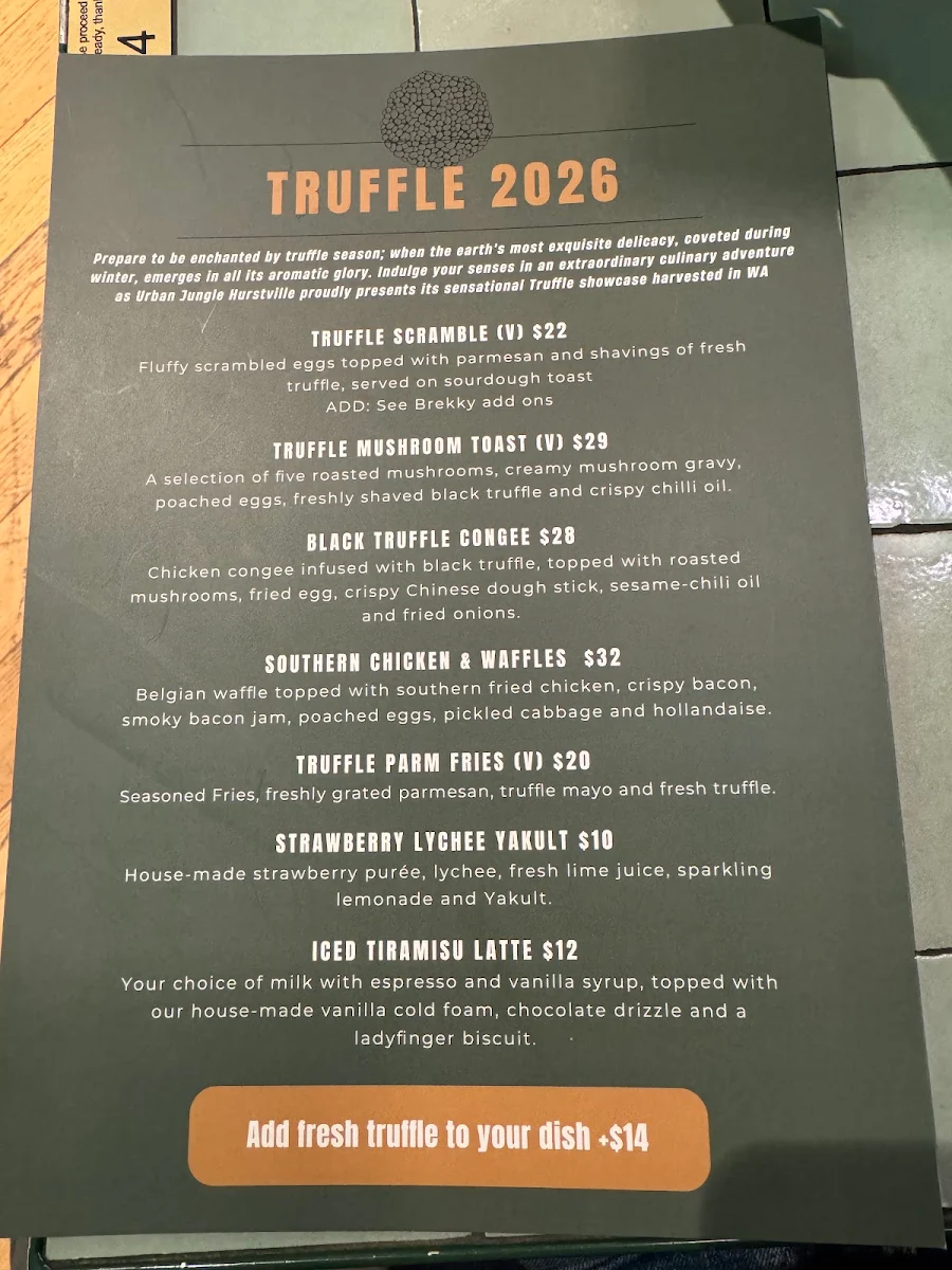 Menu, Urban Jungle Cafe