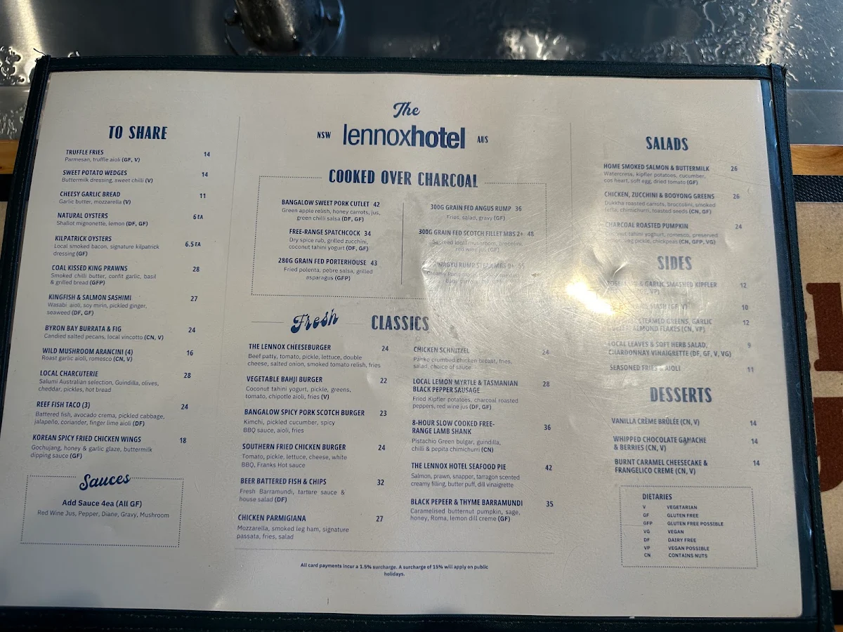 Menu, The Lennox Hotel