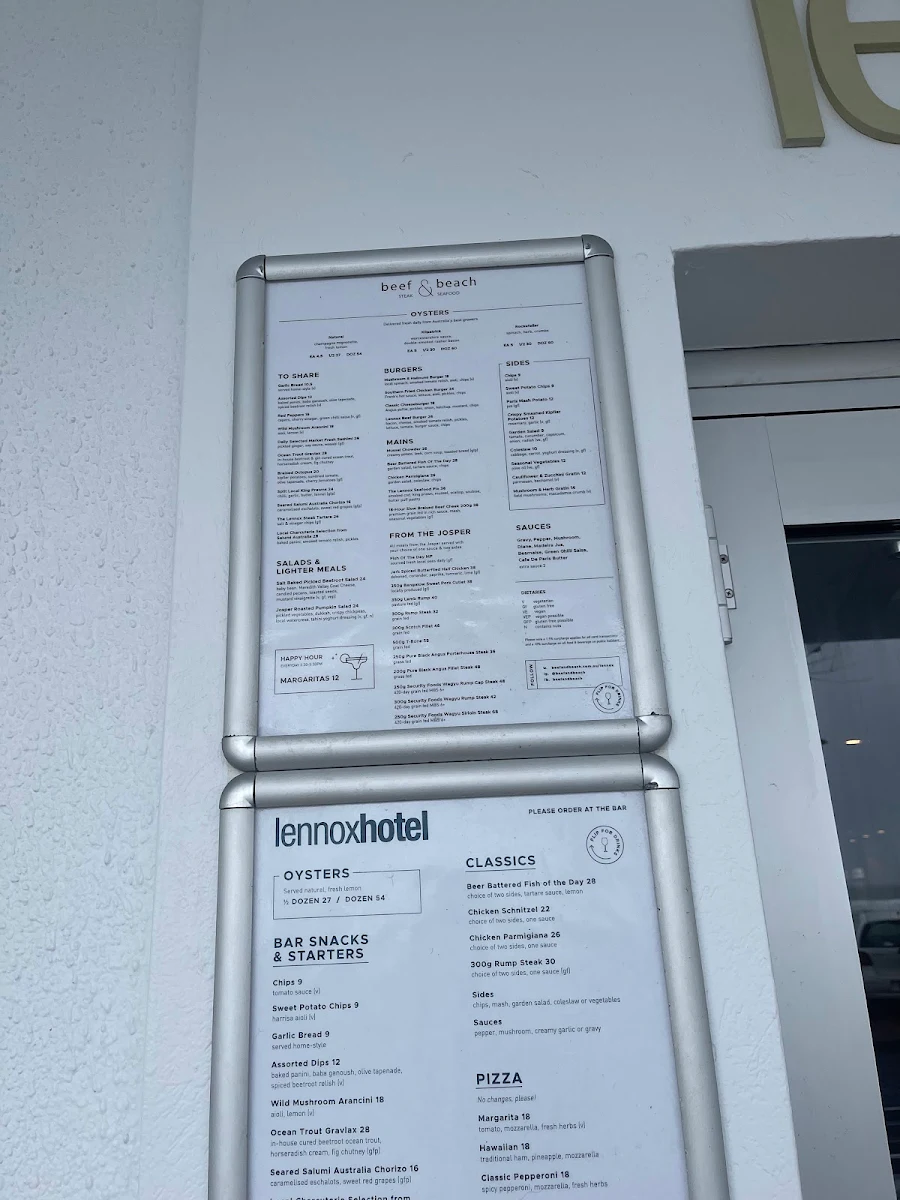 Menu, The Lennox Hotel