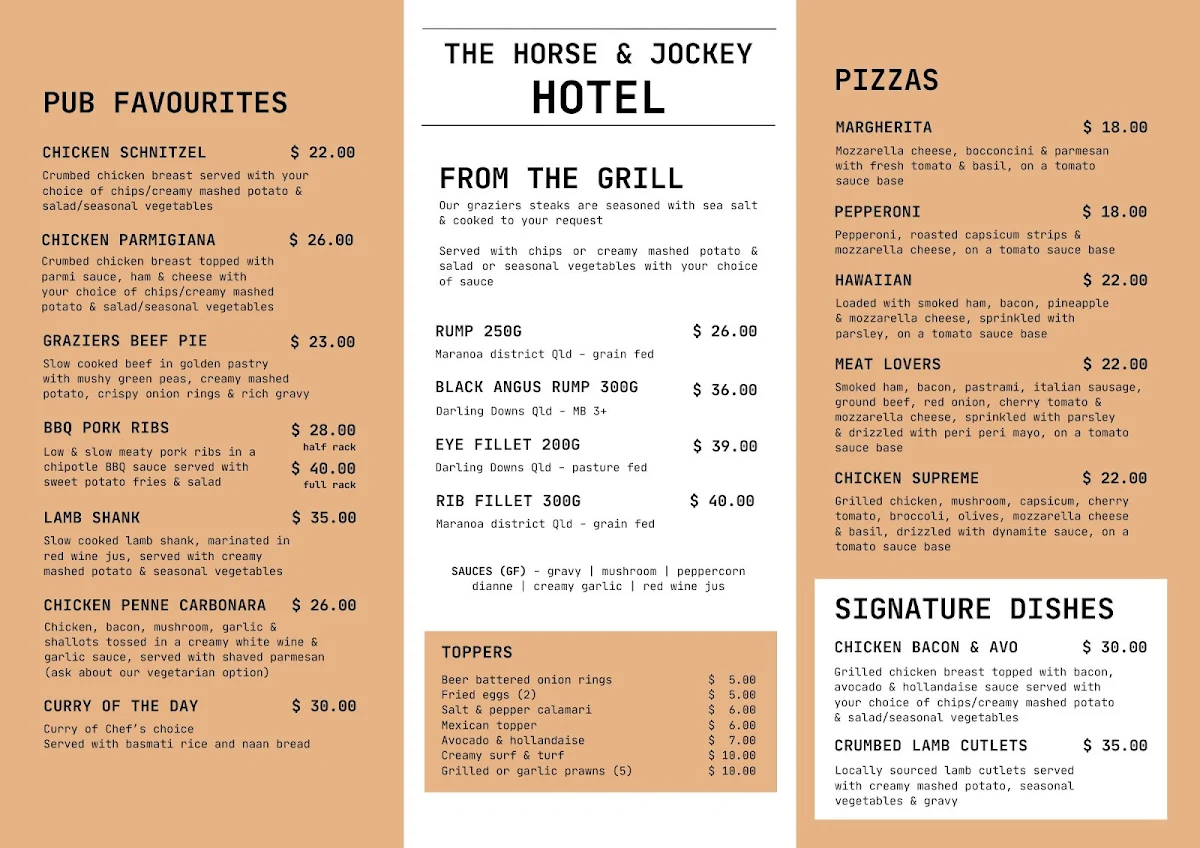 Menu, Horse & Jockey Hotel