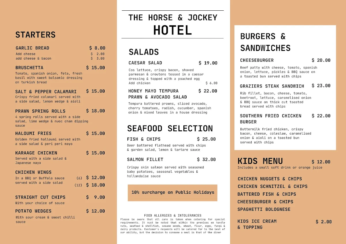 Menu, Horse & Jockey Hotel