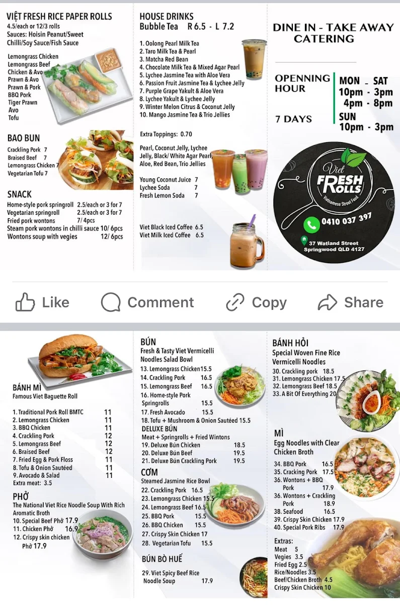 Menu, Viet Fresh Rolls Springwood