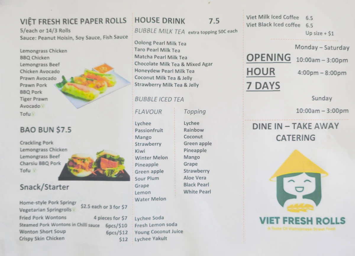 Menu, Viet Fresh Rolls Springwood