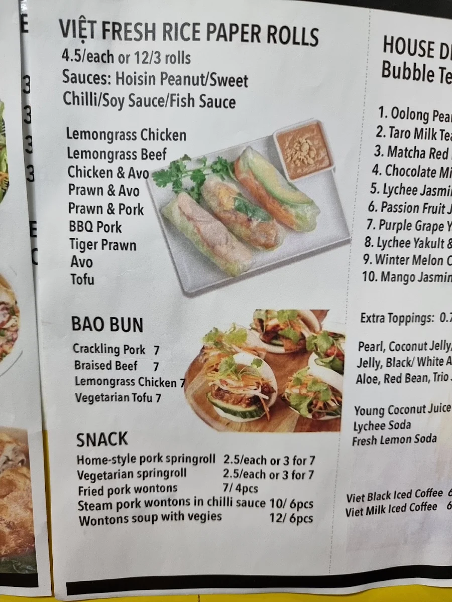 Menu, Viet Fresh Rolls Springwood