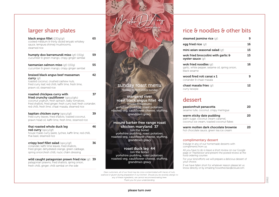 Menu, Mister D’Arcy