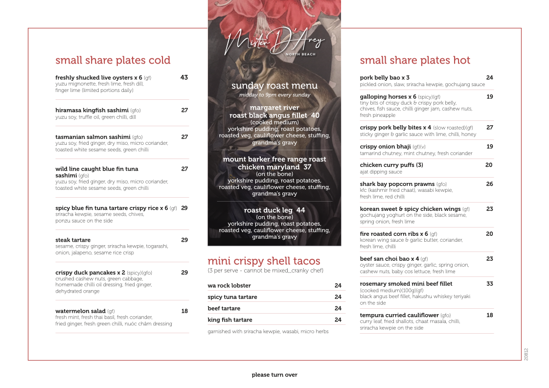 Menu, Mister D’Arcy