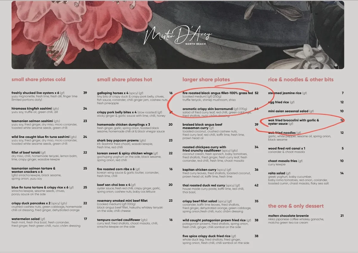 Menu, Mister D’Arcy