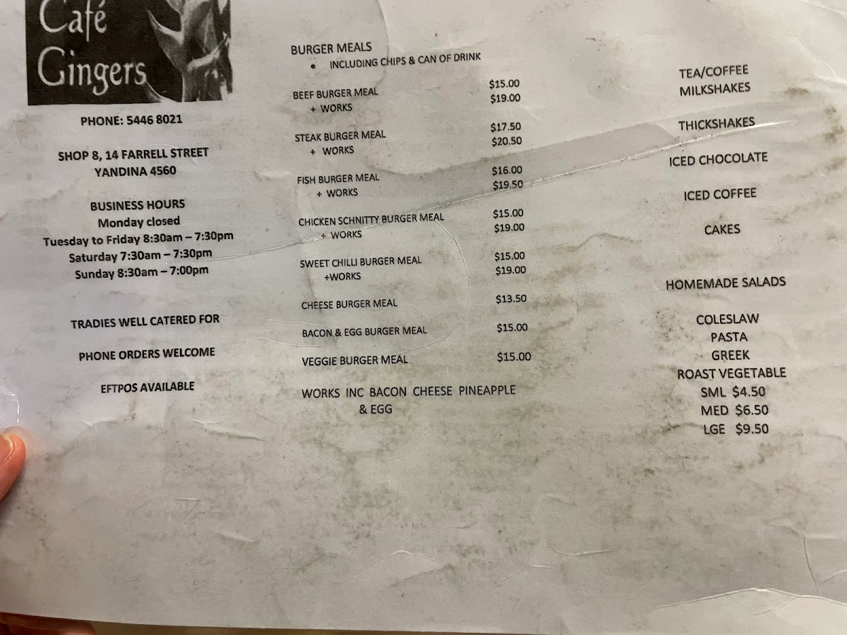 Menu, Cafe Gingers