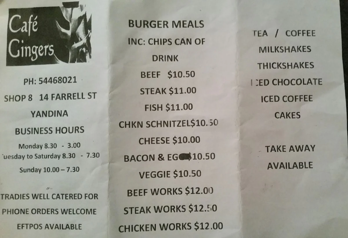 Menu, Cafe Gingers