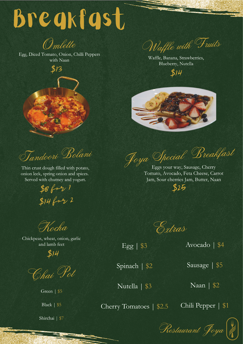 Menu, Restaurant Joya