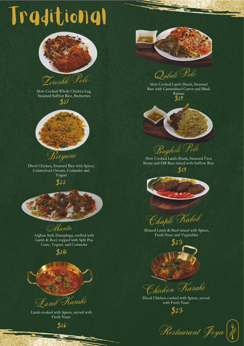 Menu, Restaurant Joya