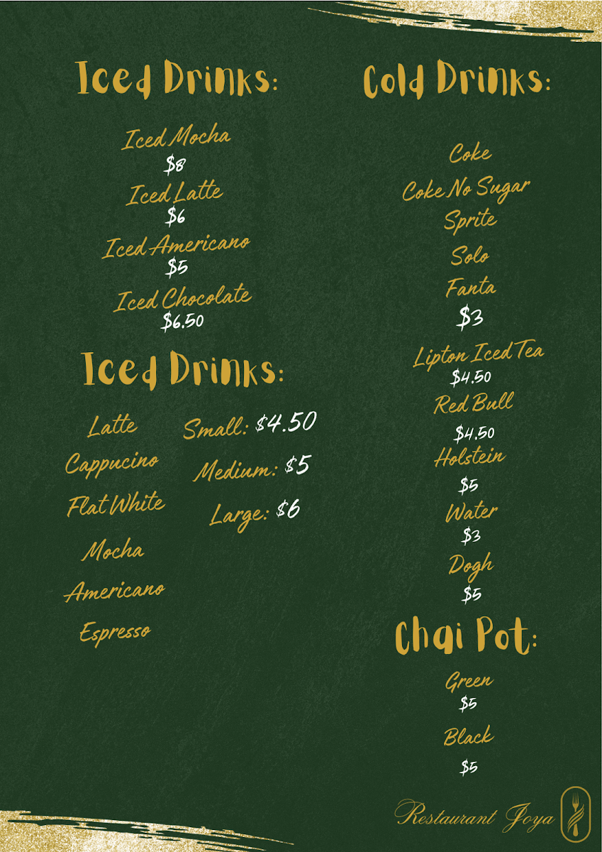 Menu, Restaurant Joya