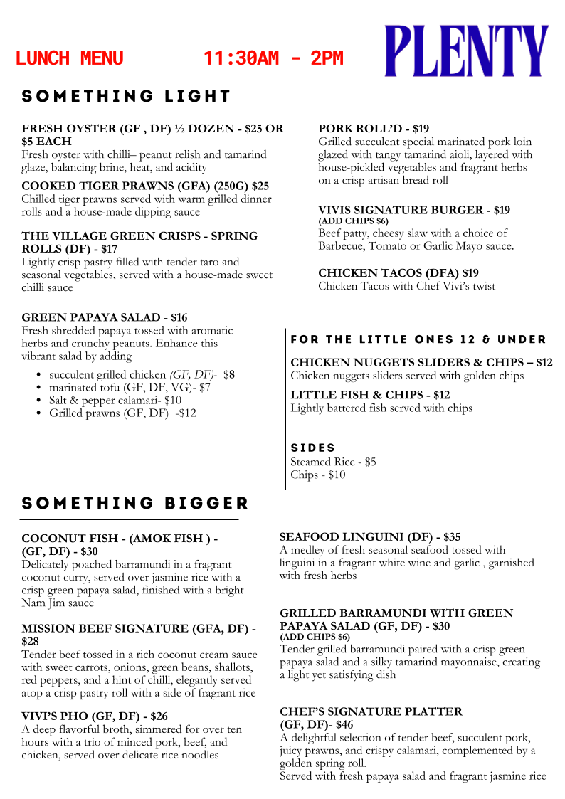 Menu, Plenty Restaurant and Bar