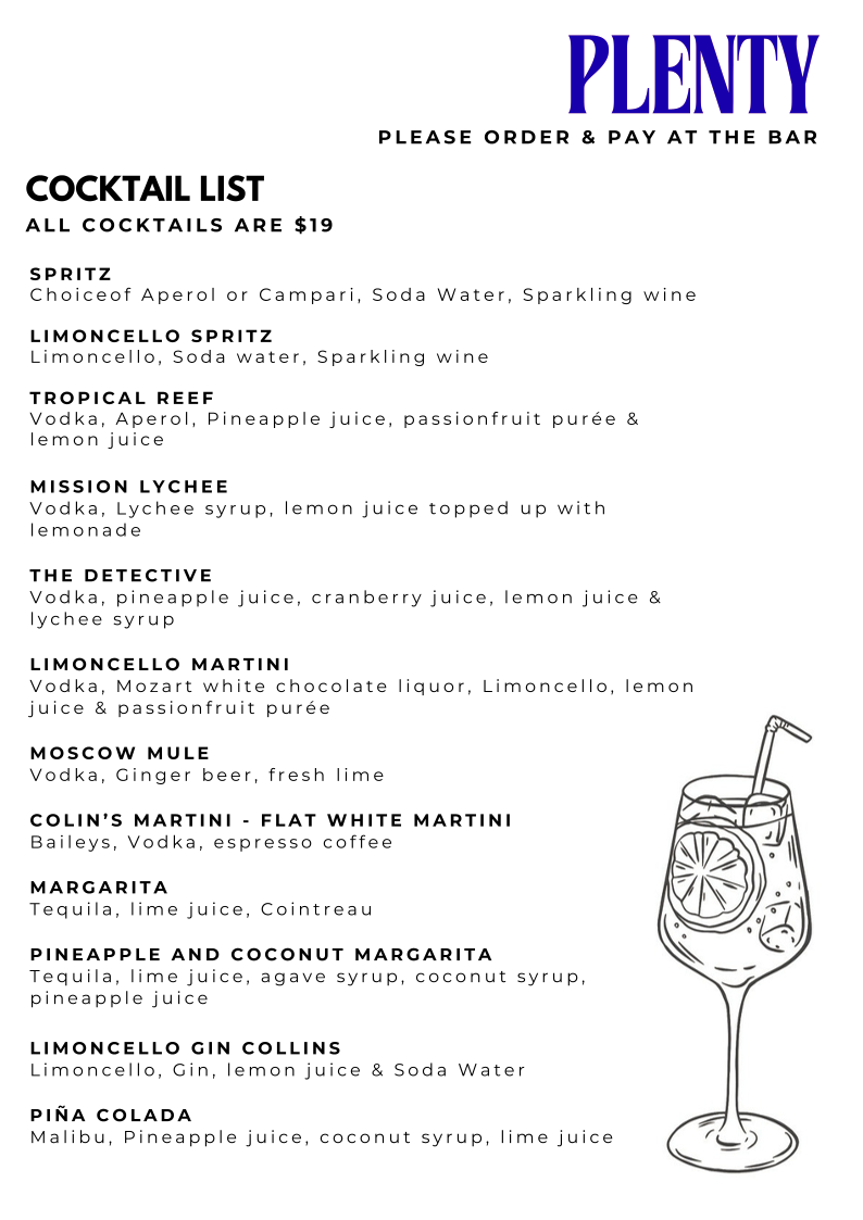 Menu, Plenty Restaurant and Bar
