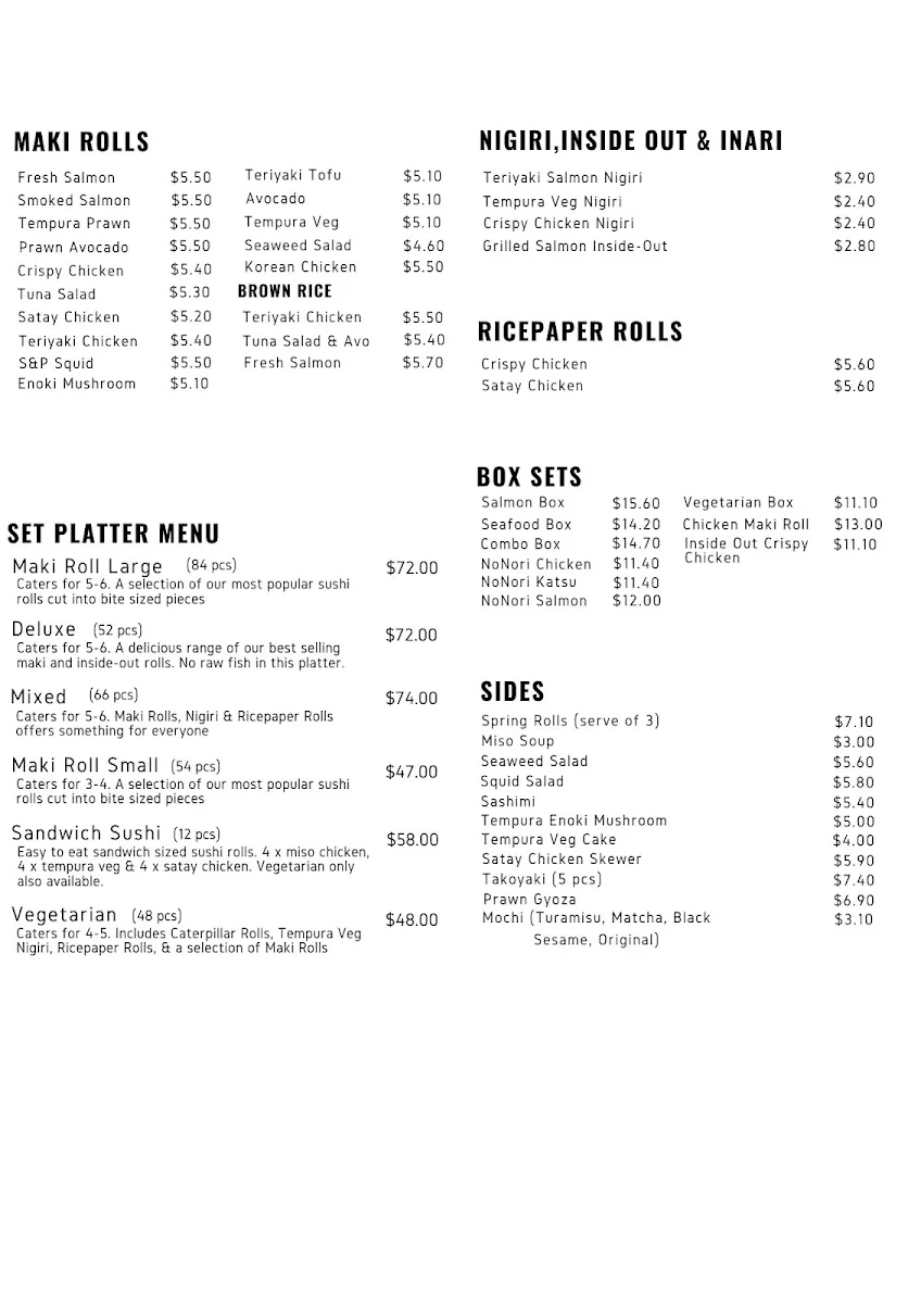Menu, Sushi Plus Kings Meadows