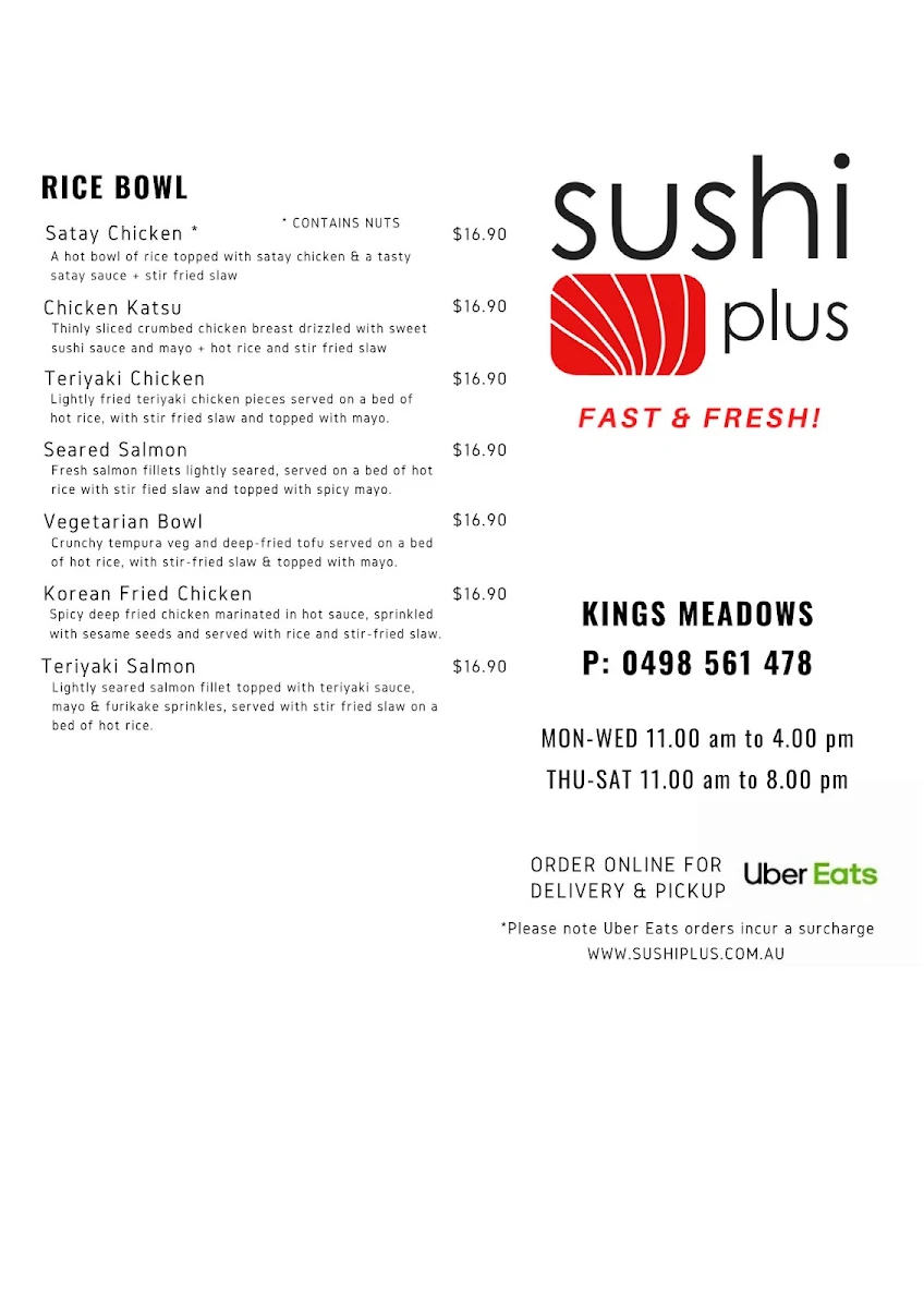 Menu, Sushi Plus Kings Meadows