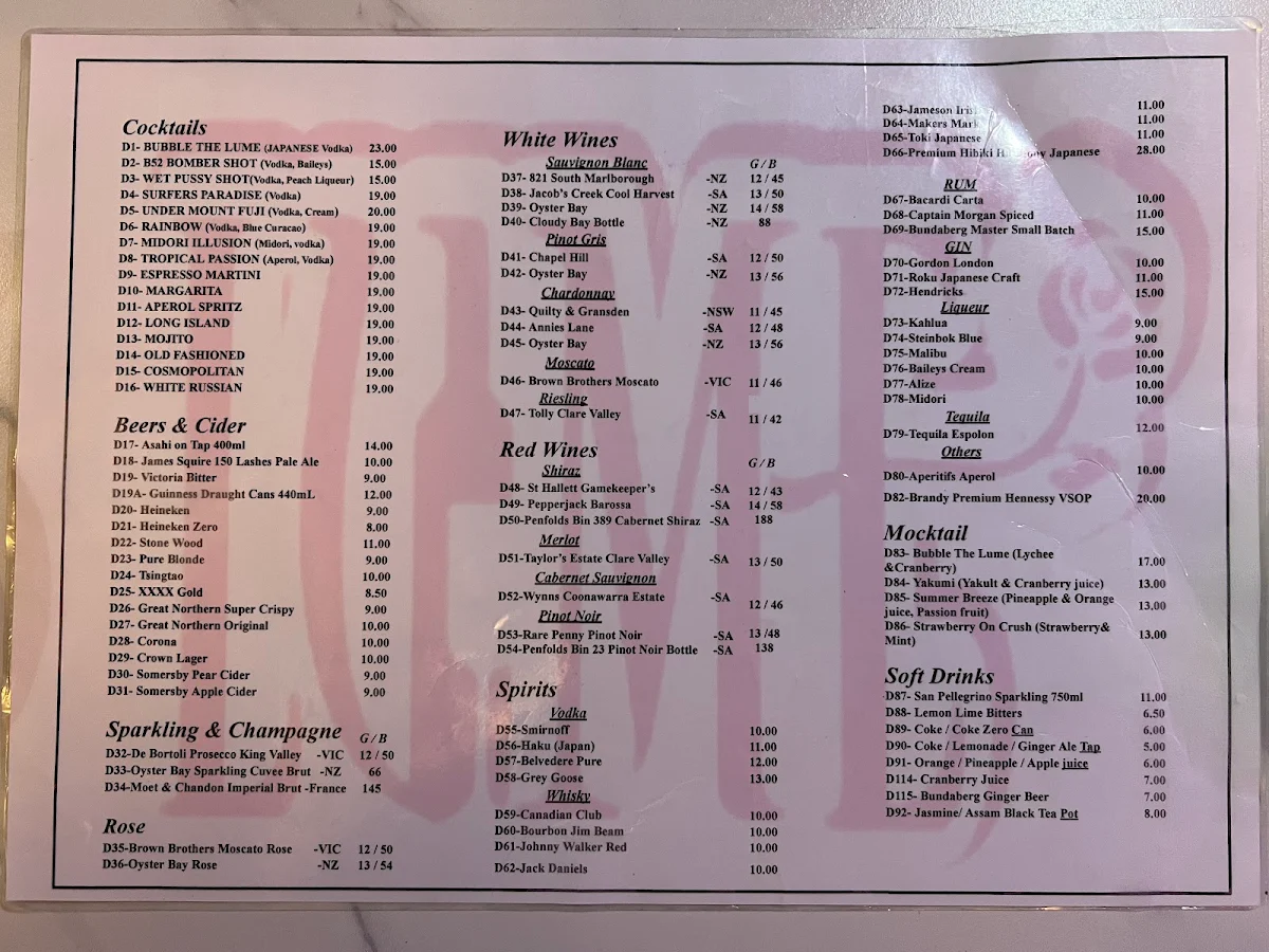 Menu, The Lume Coolangatta