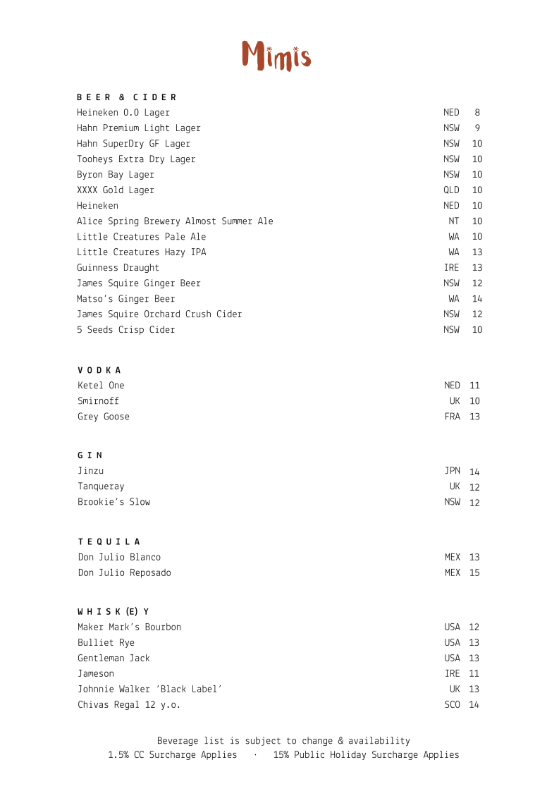 Menu, Mimi's Restaurant