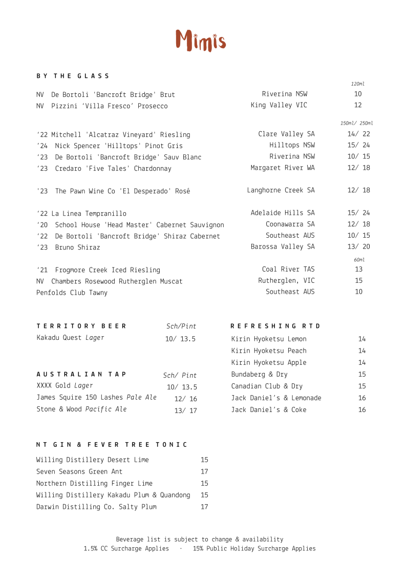 Menu, Mimi's Restaurant