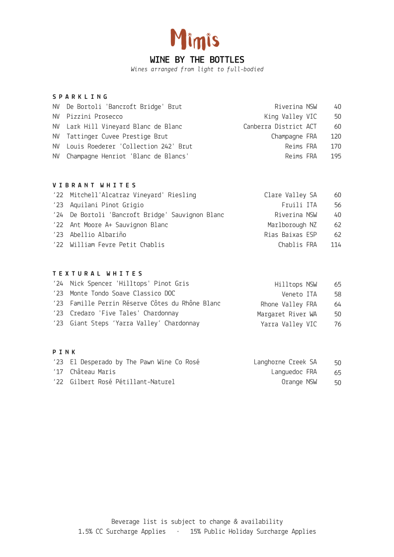 Menu, Mimi's Restaurant
