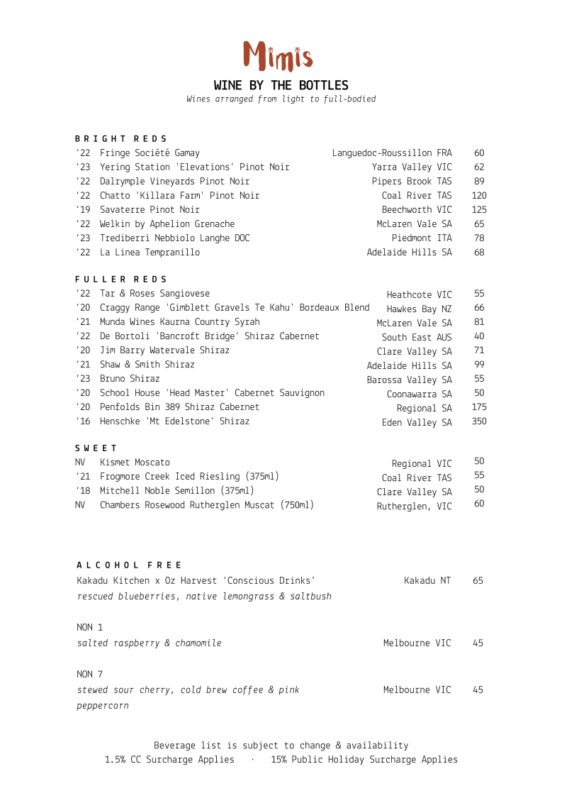 Menu, Mimi's Restaurant