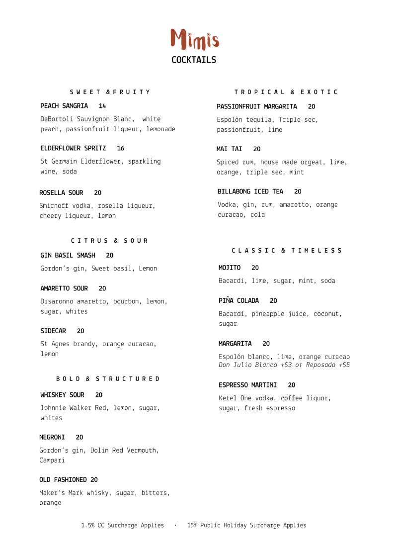 Menu, Mimi's Restaurant