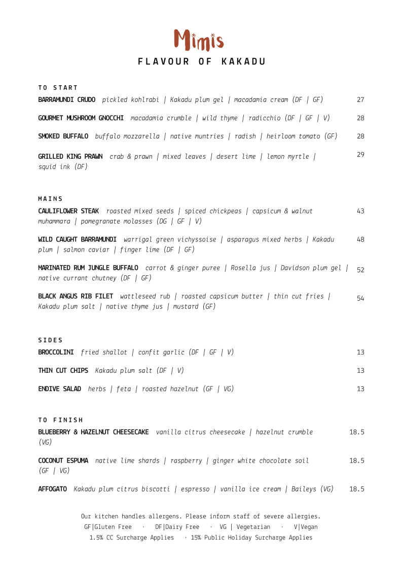 Menu, Mimi's Restaurant
