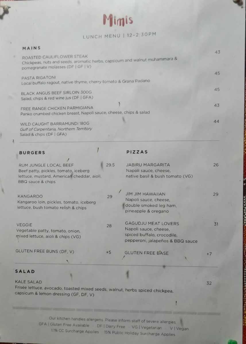 Menu, Mimi's Restaurant