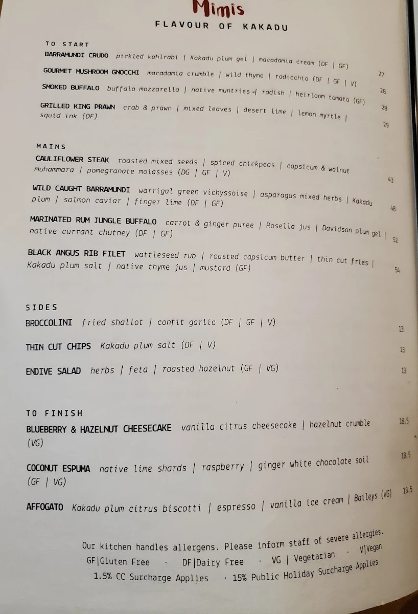 Menu, Mimi's Restaurant