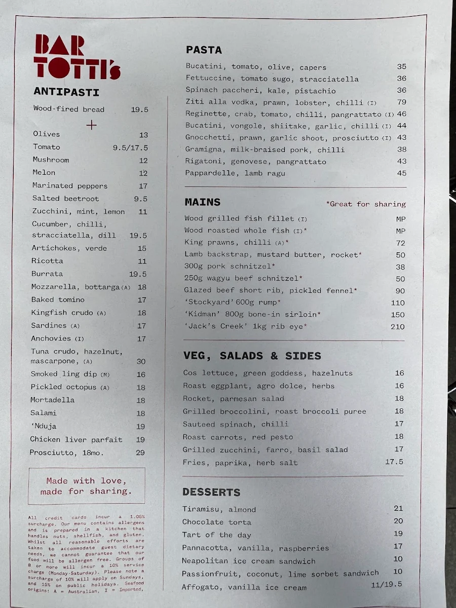 Menu, Bar Totti's