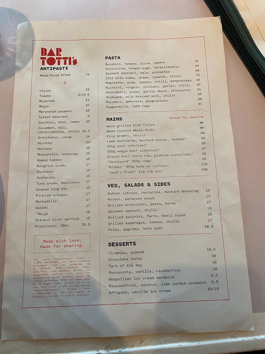 Menu, Bar Totti's