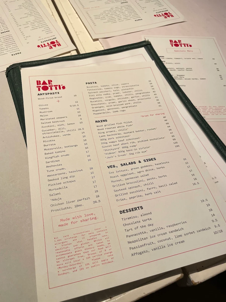 Menu, Bar Totti's