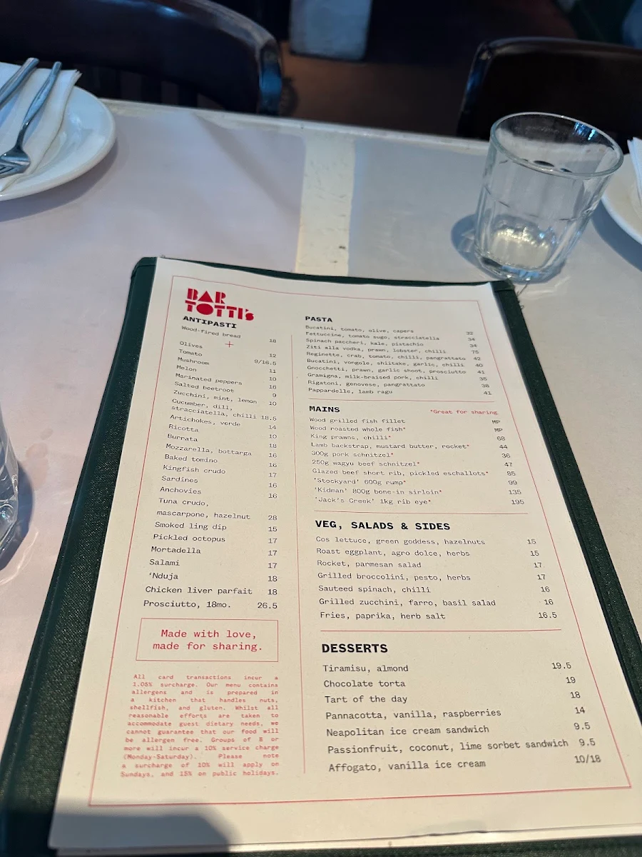 Menu, Bar Totti's
