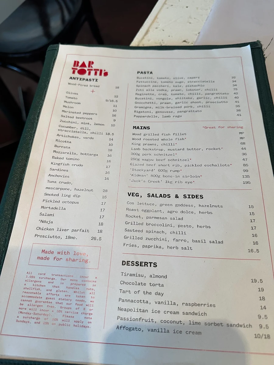 Menu, Bar Totti's