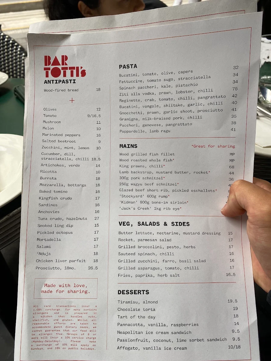 Menu, Bar Totti's