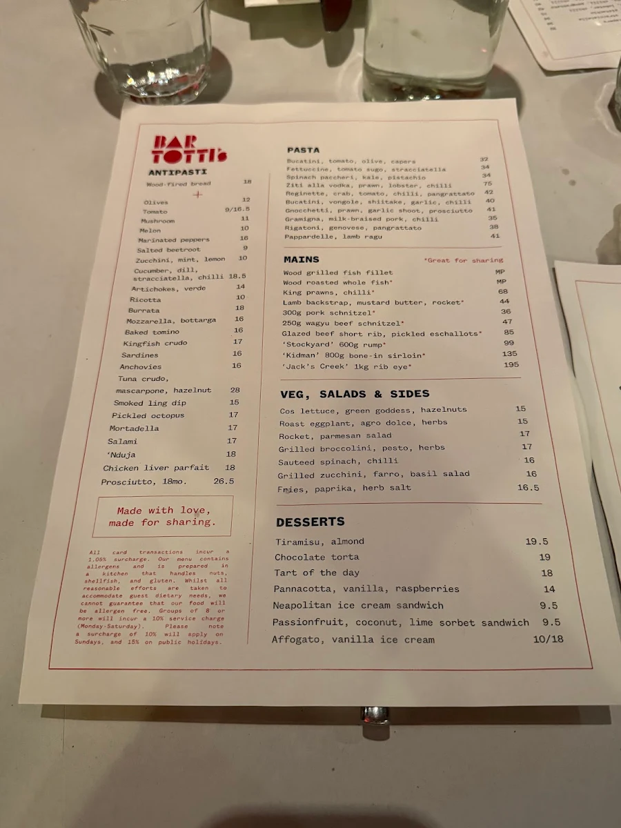 Menu, Bar Totti's