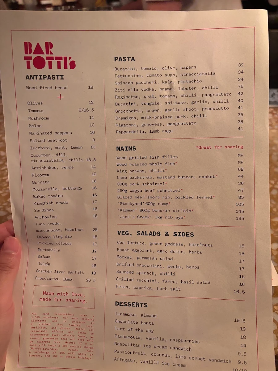 Menu, Bar Totti's