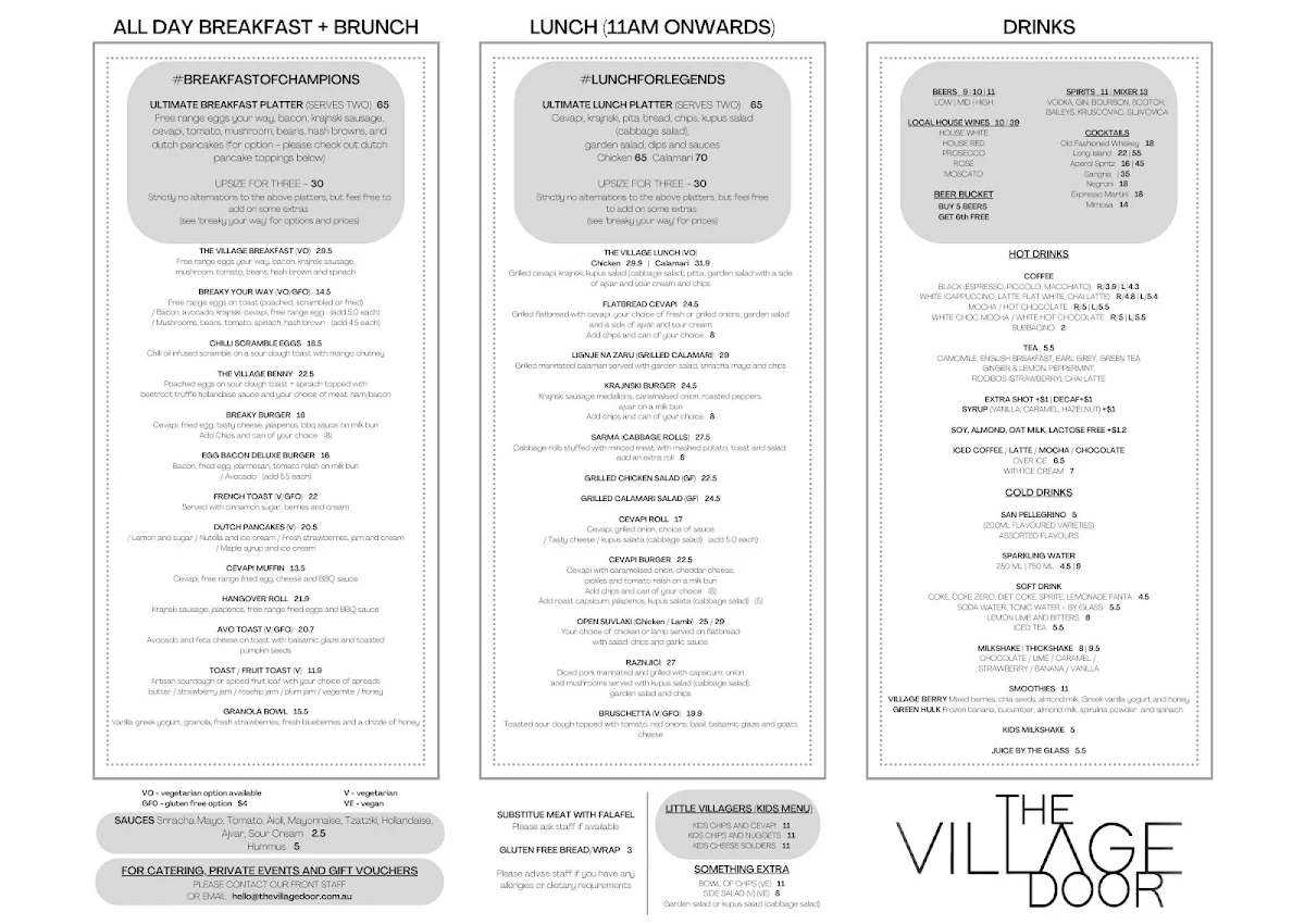 Menu, The Village Door