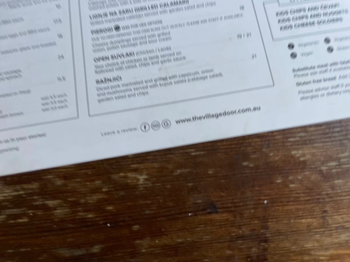 Menu, The Village Door