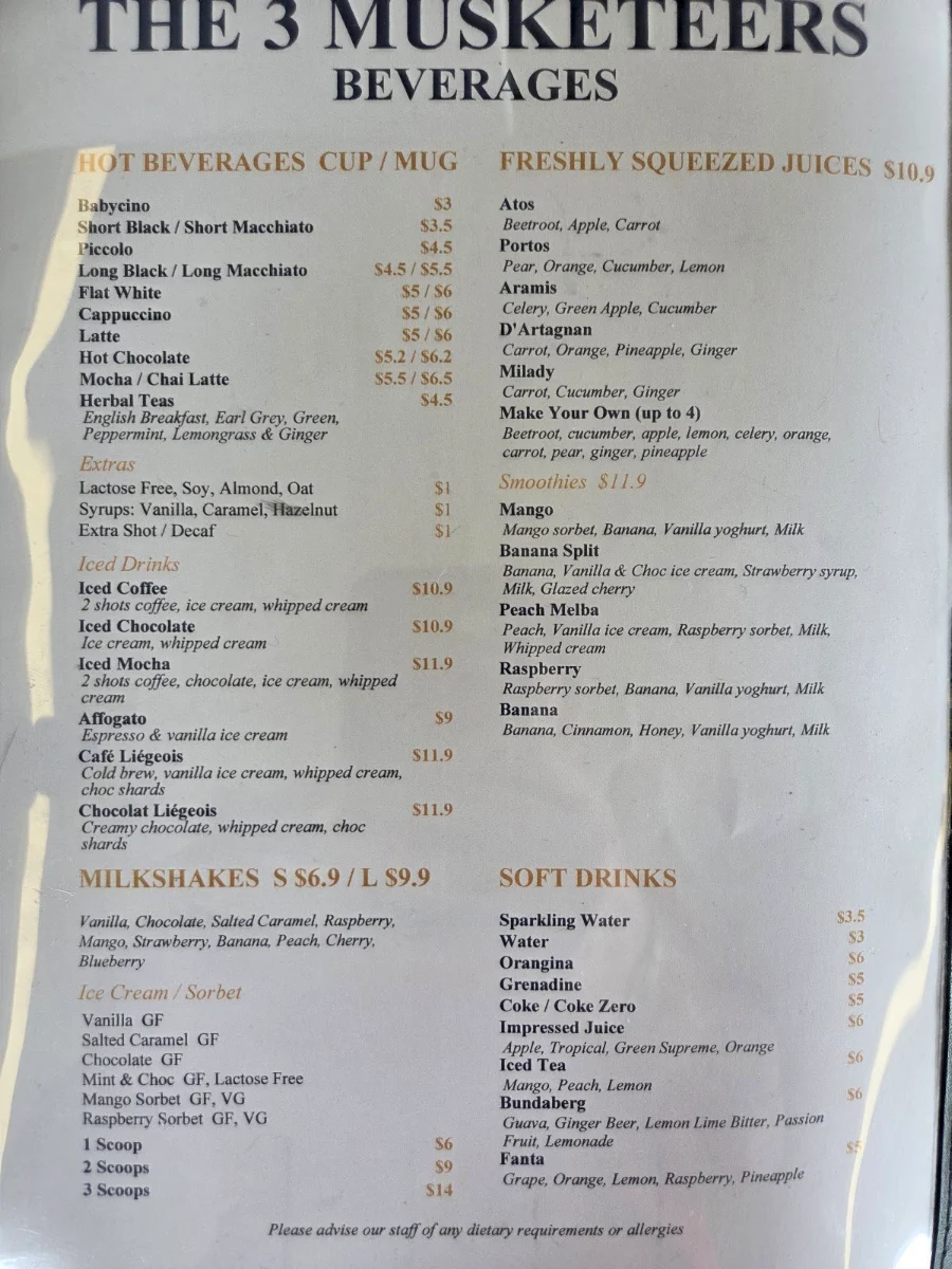 Menu, The 3 Musketeers
