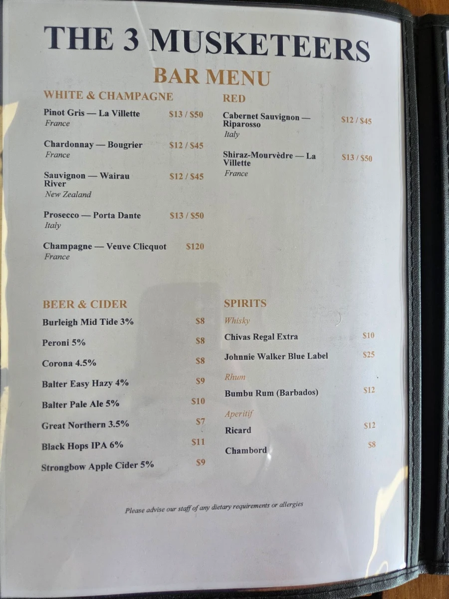 Menu, The 3 Musketeers